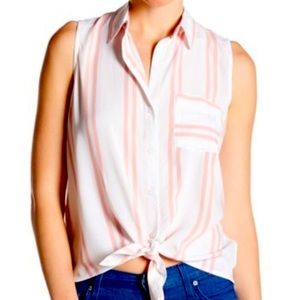 Anthropologie Beachlunchlounge white and pink striped sleeveless tie button down